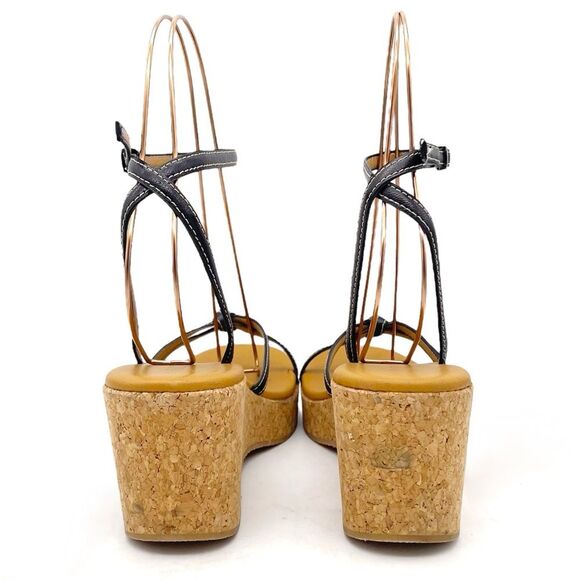 J. Crew Donna Wedge Sandals Size 8 Black Leather Cork Ankle Strap Vintage Y2K - Picture 9 of 14